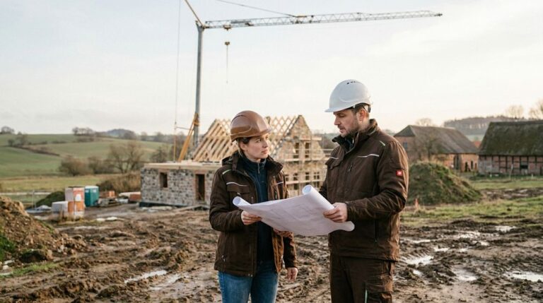 Baubegleitung Güstrow: zwei Baufachleute besprechen Pläne auf der Baustelle